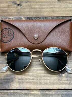 Ray-Ban RB3447 Round Metal Gold Frame Sunglasses Grey/Black Lens